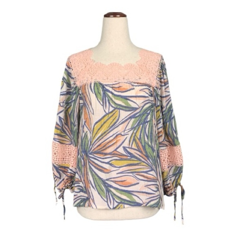Zac & Rachel Boho Palm Leaf Print Peasant Blouse Top Airy Lace Embroidered Small